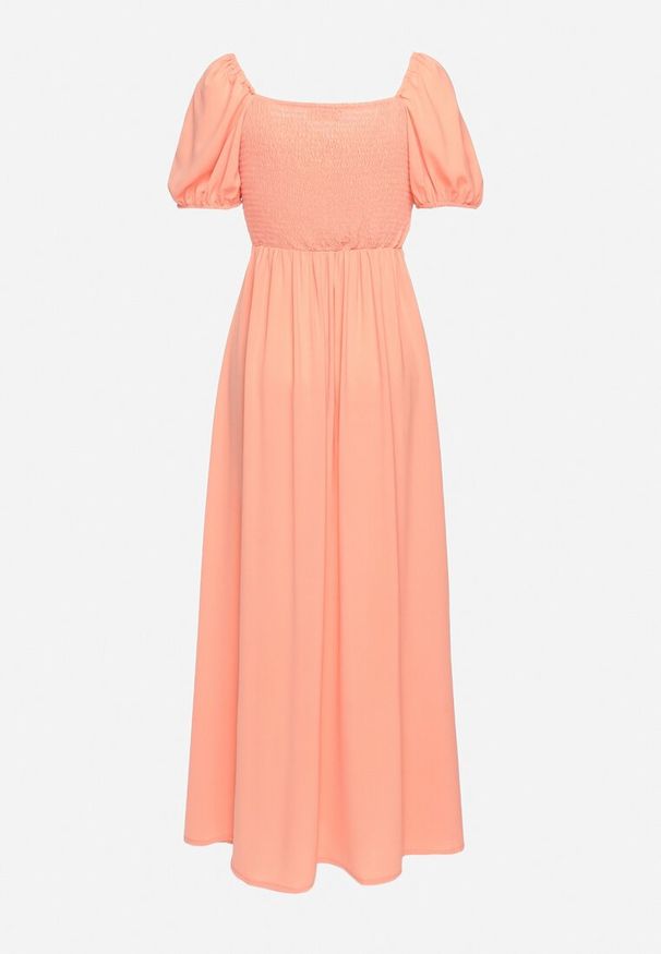 Born2be - Pomarańczowa Koktajlowa Sukienka Typu Hiszpanka z Rozcięciem Vikita. Typ kołnierza: dekolt hiszpanka. Kolor: pomarańczowy. Długość rękawa: krótki rękaw. Styl: wizytowy