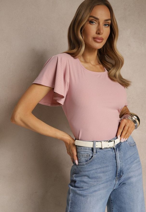Renee - Różowa Bluzka z Rozkloszowanymi Rękawami Sunelva. Okazja: na co dzień. Kolor: różowy. Materiał: jeans. Styl: elegancki, casual