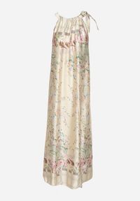 Born2be - Żółta Satynowa Sukienka w Kwiaty z Ozdobnym Wiązaniem Fenasella. Okazja: na co dzień. Kolor: żółty. Materiał: satyna. Wzór: kwiaty. Typ sukienki: proste. Styl: wizytowy, klasyczny, casual, elegancki #2