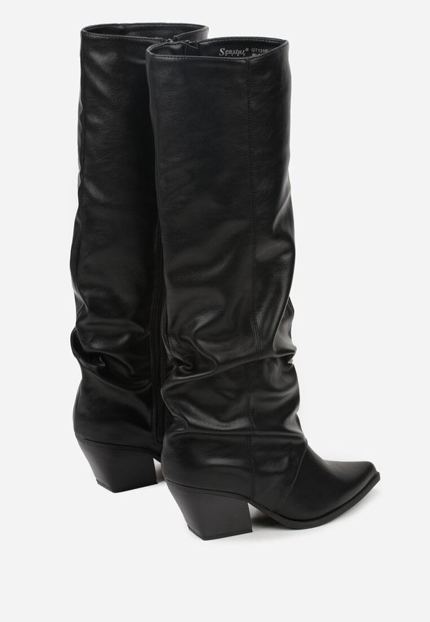 Born2be - Czarne Kozaki na Stożkowym Obcasie z Marszczoną Cholewką Atika. Okazja: na co dzień. Kolor: czarny. Materiał: jeans. Szerokość cholewki: normalna. Obcas: na obcasie. Styl: klasyczny, casual. Wysokość obcasa: średni