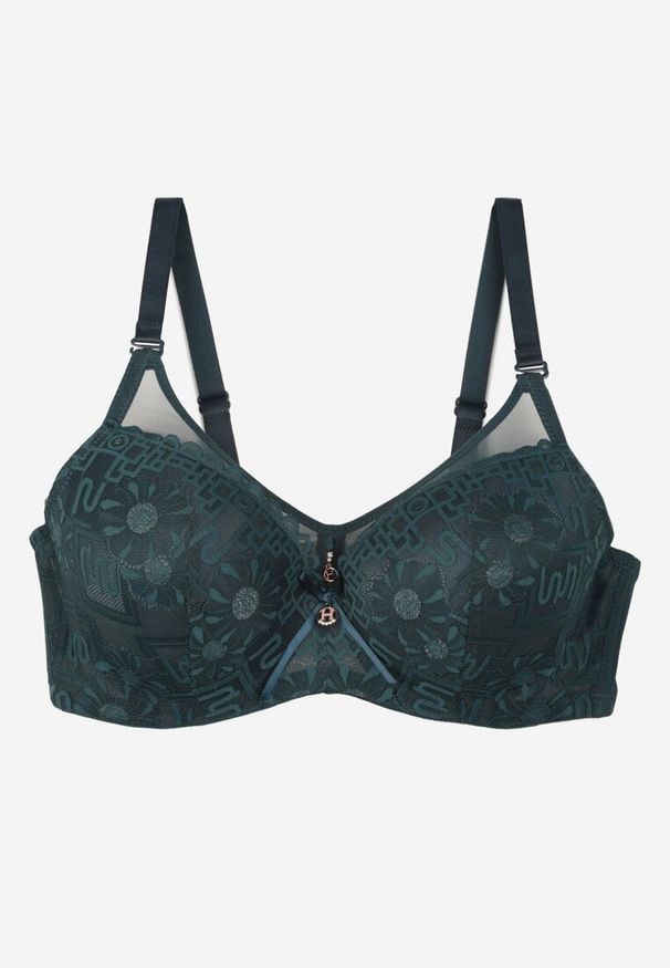 Born2be - Ciemnozielony Biustonosz z Koronką i Transparentną Wstawką Heliphine. Kolor: zielony. Materiał: koronka. Wzór: koronka