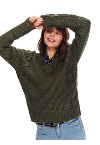 TOP SECRET - Sweter długi rękaw damski luźny. Typ kołnierza: dekolt w serek. Kolor: zielony. Materiał: jeans. Długość rękawa: długi rękaw. Długość: długie. Sezon: wiosna #2