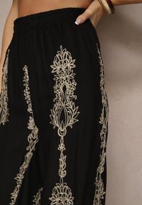 Renee - Czarne Szerokie Spodnie z Lnem i Bawełną High Waist z Haftem i Metaliczną Nicią Serilia. Okazja: na co dzień. Stan: podwyższony. Kolor: czarny. Materiał: bawełna, len. Wzór: haft. Styl: elegancki, casual #3