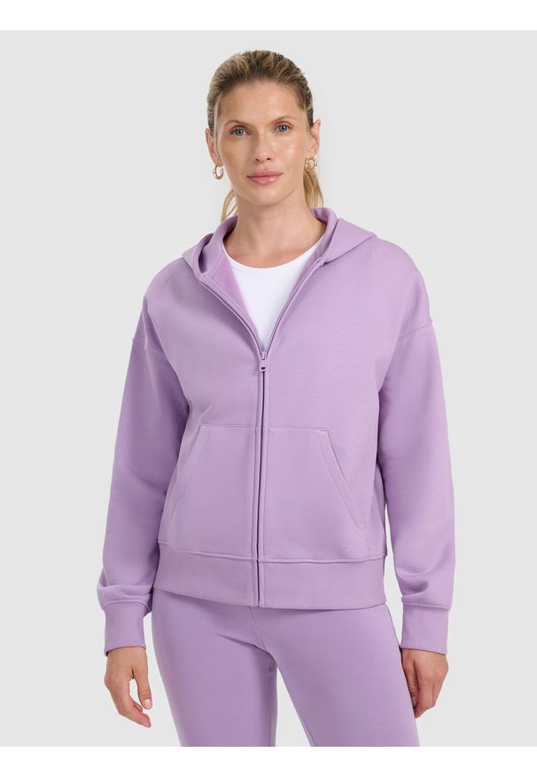 4f - 4F Bluza dresowa rozpinana z kapturem damska - fioletowa M. Okazja: na co dzień. Typ kołnierza: kaptur. Kolor: fioletowy. Materiał: dresówka. Styl: casual
