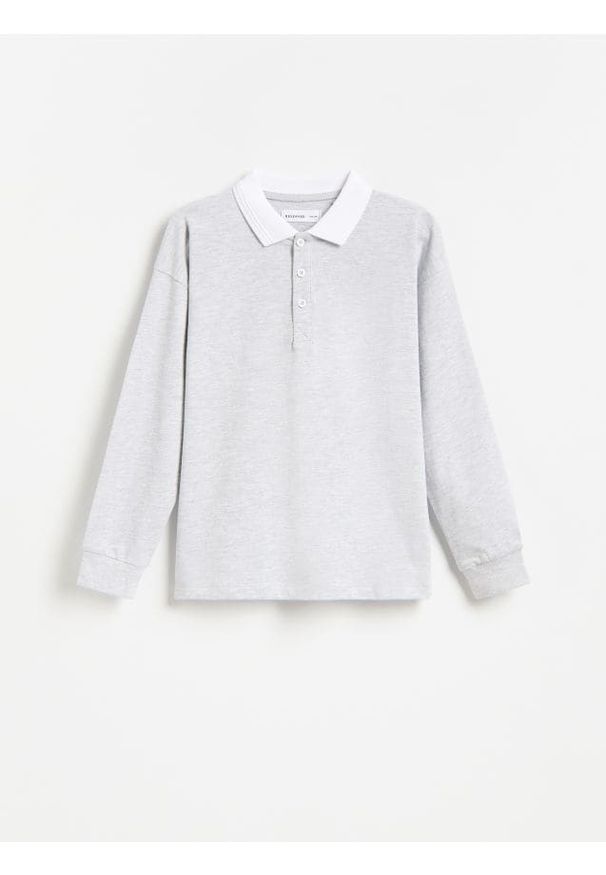 Reserved - Bawełniany longsleeve polo - jasnoszary. Typ kołnierza: polo. Kolor: szary. Materiał: bawełna. Długość rękawa: długi rękaw
