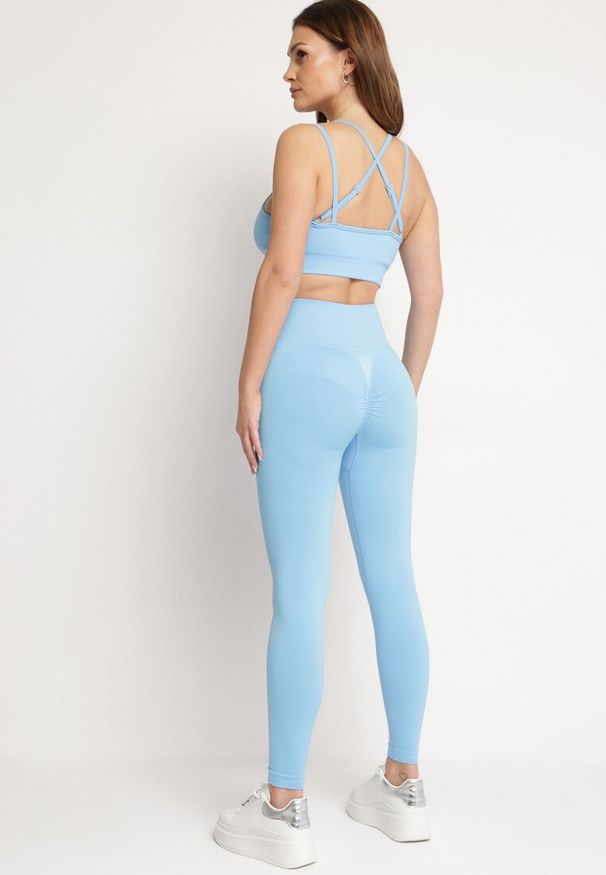 Born2be - Niebieski Komplet Sportowy Biustonosz na Ramiączkach i Legginsy z Gumką w Pasie Nadlira. Kolor: niebieski. Sport: fitness