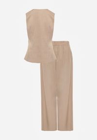 Renee - Beżowy Komplet z Bawełną w Garniturowym Stylu Kamizelka i Spodnie Meloreida. Kolor: beżowy. Materiał: bawełna. Wzór: gładki #5
