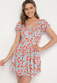 Born2be - Niebieska Rozkloszowana Sukienka z Bawełną z Motywem Wiśni Lunadessa. Okazja: na co dzień, na imprezę. Kolor: niebieski. Materiał: bawełna. Sezon: lato. Typ sukienki: proste. Styl: casual, elegancki, klasyczny #3