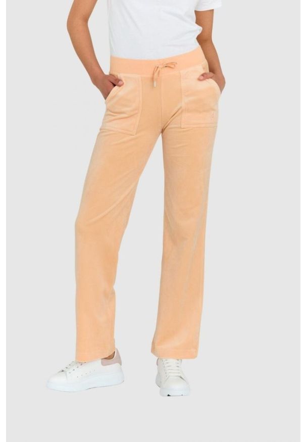 Juicy Couture - JUICY COUTURE Klasyczne welurowe spodnie dresowe damskie del ray w brzoskwiniowym kolorze, Rozmiar XS. Kolor: pomarańczowy. Materiał: welur, dresówka