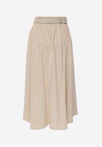 Renee - Beżowa Rozkloszowana Spódnica z Kieszonkami i Paskiem z Klamrą Qualea. Okazja: na co dzień. Kolor: beżowy. Materiał: wiskoza, bawełna, materiał. Styl: casual, elegancki #4