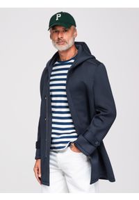 Ombre Clothing - Minimalistyczny płaszcz męski średniej długości z dzianiny scuba - granatowy V5 - Rozmiar: XXL. Okazja: na co dzień. Typ kołnierza: kaptur. Kolor: niebieski. Materiał: dzianina. Wzór: gładki. Styl: elegancki, casual