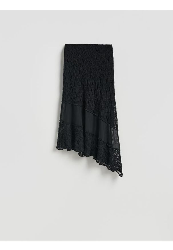 Reserved - Asymetryczna spódnica - czarny. Kolor: czarny. Materiał: dzianina, koronka