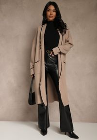 Renee - Beżowy Niezapinany Kardigan o Długim Kroju z Lamówką Venisse. Okazja: na co dzień. Kolor: beżowy. Materiał: jeans. Długość: długie. Styl: casual, klasyczny #3