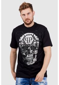 Philipp Plein - PHILIPP PLEIN Czarny t-shirt męski Round neck ss iconic plein, Rozmiar M. Kolor: czarny. Materiał: skóra, prążkowany. Wzór: aplikacja