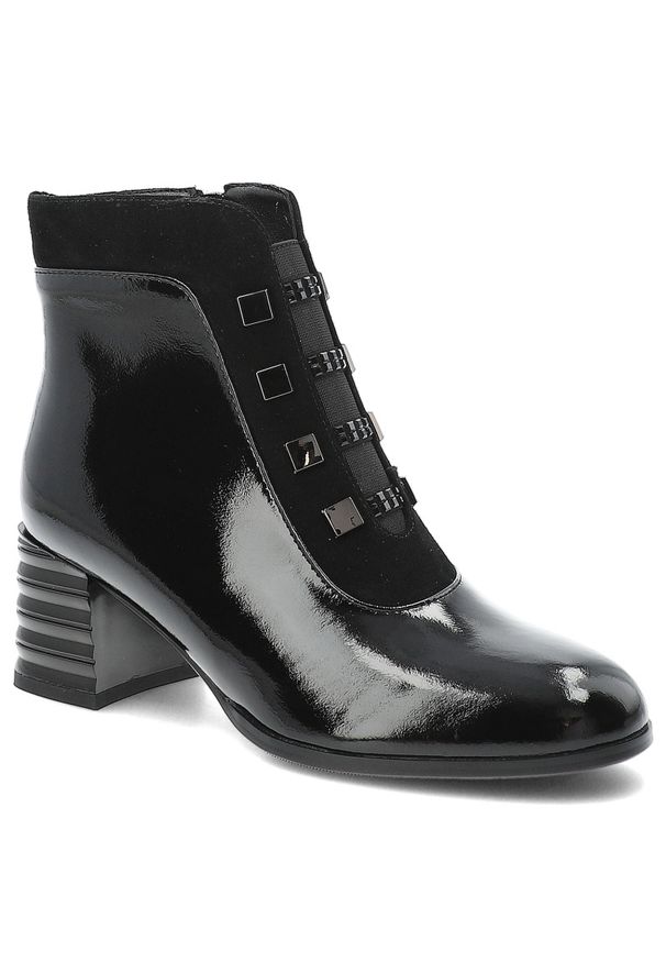 Czarne Botki S.Barski Modne Lakierowane Buty Damskie. Okazja: na co dzień. Zapięcie: pasek. Kolor: czarny. Materiał: lakier. Wzór: gładki, geometria. Obcas: na obcasie. Styl: casual, elegancki. Wysokość obcasa: średni