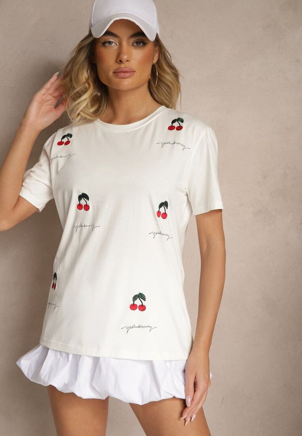 Renee - Biały T-shirt z Bawełny z Haftowanymi Detalami w Wiśnie Nevianeva. Okazja: na co dzień, do pracy. Kolor: biały. Materiał: bawełna. Wzór: haft. Styl: elegancki, casual