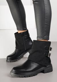 Born2be - Czarne Botki Typu Bikery Ozdobione Klamrami i Wywiniętą Cholewką Alisttie. Okazja: na co dzień. Zapięcie: klamry. Kolor: czarny. Materiał: jeans. Szerokość cholewki: normalna. Wzór: aplikacja. Styl: casual, elegancki
