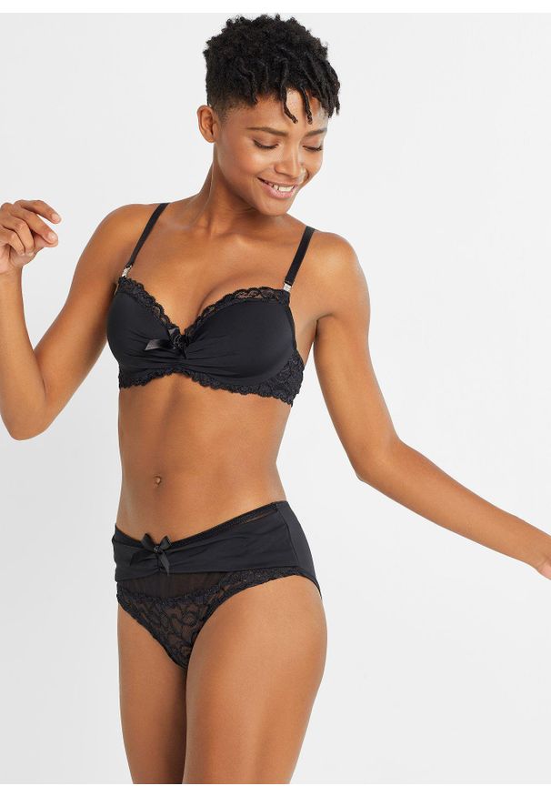 bonprix - Figi panty z poliamidu z recyklingu. Kolor: czarny. Materiał: bawełna, poliamid, koronka. Wzór: koronka