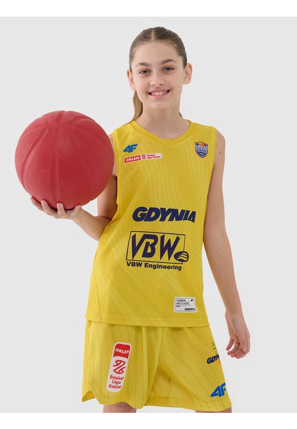 4f - 4F Koszulka meczowa replika domowa z sezonu 2024/25 dziecięca 4F x VBW Arka Gdynia - multikolor 158/164 (12-14 lat). Typ kołnierza: dekolt w serek. Kolor: wielokolorowy. Materiał: dzianina, włókno, materiał, syntetyk. Wzór: gładki, nadruk, ze splotem. Sezon: lato. Sport: koszykówka, fitness