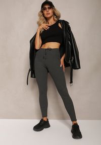Renee - Ciemnoszare Legginsy ze Sznurkiem w Pasie z Elastycznej Bawełny Herccena. Kolor: szary. Materiał: bawełna