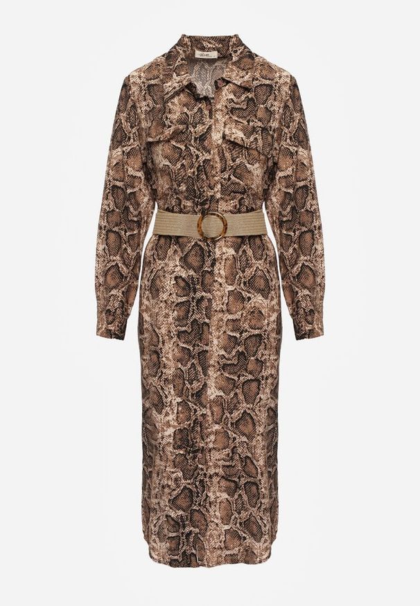 Renee - Brązowa Sukienka z Wiskozy o Koszulowym Kroju z Paskiem Zdobiona Wężowym Printem Norinna. Okazja: na co dzień, do pracy, na spotkanie biznesowe. Typ kołnierza: dekolt w serek. Kolor: brązowy. Materiał: wiskoza. Długość rękawa: długi rękaw. Wzór: nadruk, aplikacja. Typ sukienki: koszulowe. Styl: klasyczny, casual, biznesowy, elegancki