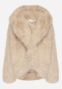 Born2be - Beżowa Kurtka Futerko Oversize z Kapturem Unillea. Okazja: na co dzień. Typ kołnierza: kaptur. Kolor: beżowy. Materiał: futro. Styl: casual, elegancki #5