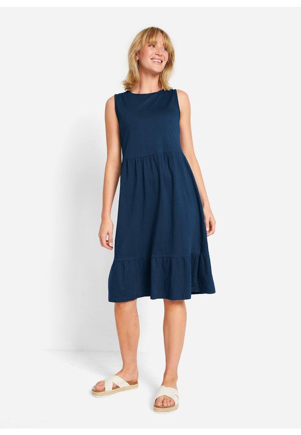 bonprix - Sukienka z dżerseju z czystej bawełny. Kolor: niebieski. Materiał: jersey, bawełna. Długość rękawa: na ramiączkach. Styl: elegancki