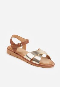 Born2be - Złote Sandały VICES na Płaskiej Podeszwie z Paskiem w Kształcie X Doriven. Okazja: na co dzień, na randkę, na spacer. Zapięcie: pasek. Kolor: złoty. Materiał: len. Sezon: lato. Obcas: na płaskiej podeszwie. Styl: casual, elegancki #6