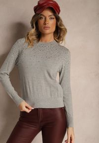 Renee - Szary Casualowy Sweter z Wiskozą z Ozdobnymi Detalami z Cyrkonii Edaloriae. Okazja: na co dzień. Kolor: szary. Materiał: wiskoza. Długość rękawa: długi rękaw. Długość: długie. Styl: casual