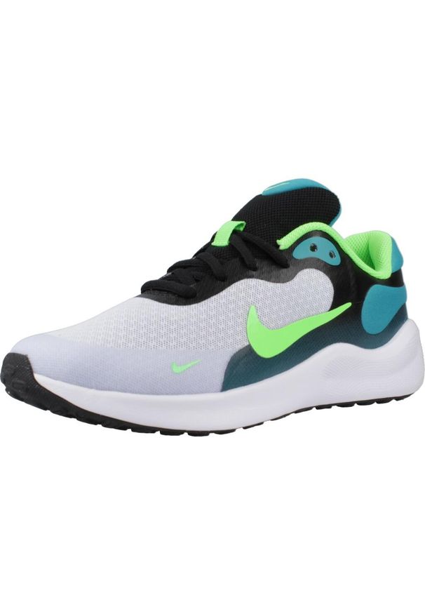 Buty do biegania dla dzieci Nike Revolution 7. Zapięcie: sznurówki. Kolor: czarny, zielony, biały, wielokolorowy. Materiał: syntetyk, tkanina, materiał. Szerokość cholewki: normalna. Model: Nike Revolution. Sport: bieganie