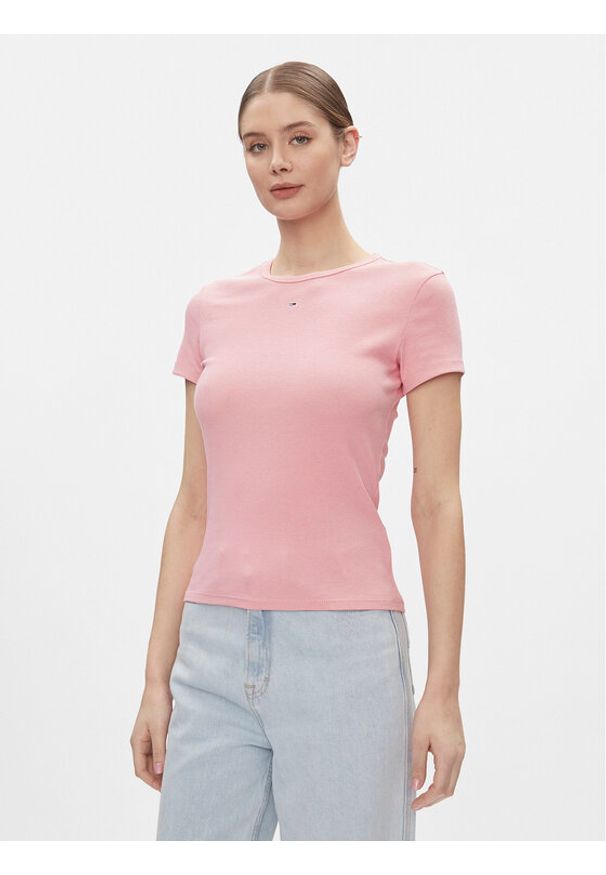 Tommy Jeans T-Shirt Essential DW0DW17383 Różowy Slim Fit. Kolor: różowy. Materiał: bawełna