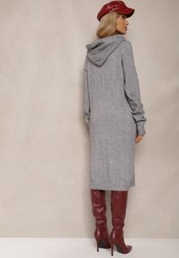 Renee - Szara Sukienka Sweterkowa z Kapturem Ozdobiona Sznurkami Ittilina. Okazja: na co dzień. Typ kołnierza: kaptur. Kolor: szary. Materiał: jeans. Wzór: aplikacja. Styl: casual #4