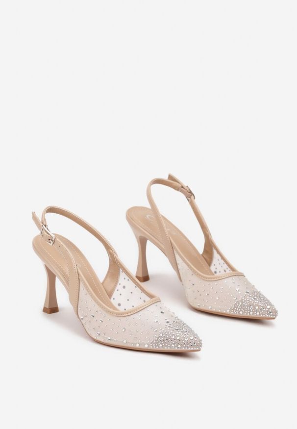 Renee - Beżowe Eleganckie Czółenka z Cyrkoniami i Klepsydrową Szpilką Renamia. Okazja: na imprezę. Zapięcie: sprzączka. Kolor: beżowy. Wzór: aplikacja. Styl: elegancki