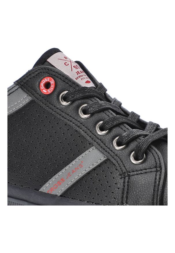 Czarne Trampki Cross Jeans Męskie Stylowe Obuwie. Okazja: na co dzień. Kolor: czarny. Materiał: skóra ekologiczna, materiał. Szerokość cholewki: normalna. Wzór: aplikacja. Styl: elegancki