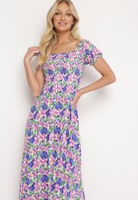 Born2be - Ciemnofioletowa Rozkloszowana Sukienka Typu Hiszpanka z Marszczoną Górą Jesteria. Typ kołnierza: dekolt hiszpanka. Kolor: fioletowy. Długość rękawa: krótki rękaw. Styl: wakacyjny, elegancki #4