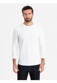 Ombre Clothing - Męski longsleeve SLIM FIT z elastanem i printem – biały V2 - Rozmiar: S. Okazja: na co dzień. Kolor: biały. Materiał: elastan. Długość rękawa: długi rękaw. Wzór: nadruk. Styl: casual