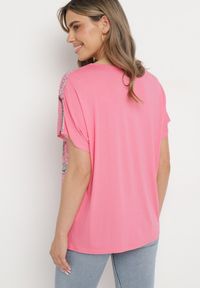 Born2be - Różowy Bawełniany T-shirt z Krótkim Rękawem oraz Nadrukiem i Cyrkoniami Ridsa. Kolor: różowy. Materiał: bawełna. Długość rękawa: krótki rękaw. Długość: krótkie. Wzór: nadruk #5