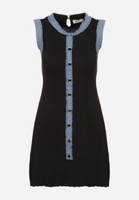 Born2be - Czarna Sukienka z Wiskozą Ozdobiona Jeansowymi Wstawkami i Guzikami Lilammea. Kolor: czarny. Materiał: jeans, wiskoza. Wzór: aplikacja. Styl: klasyczny, elegancki