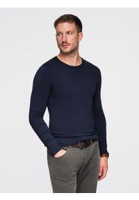 Ombre Clothing - Klasyczny męski sweter z wiskozą BASIC z okrągłym dekoltem – granatowy V9 - Rozmiar: S. Okazja: na spotkanie biznesowe, do pracy, na co dzień. Kolor: niebieski. Materiał: wiskoza. Wzór: gładki. Styl: klasyczny