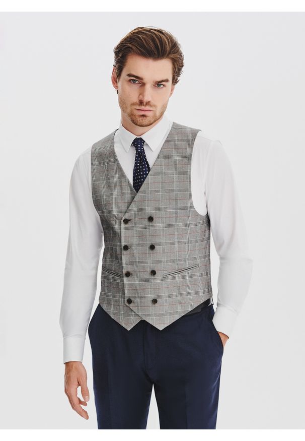 Pako Lorente - PAKO LORENTE - Szara dwurzędowa kamizelka męska w kratę. Kolor: szary. Materiał: poliester, wiskoza, elastan. Styl: elegancki, młodzieżowy