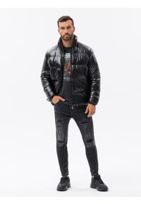 Ombre Clothing - Kurtka męska zimowa puffer błyszcząca - czarna V1 - Rozmiar: XL. Kolor: czarny. Materiał: poliester, nylon. Sezon: zima