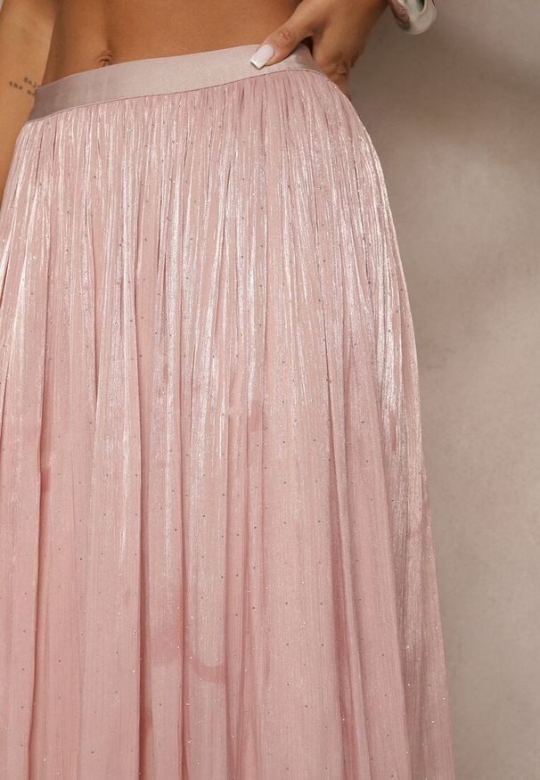 Renee - Różowa Spódnica o Rozkloszowanym Kroju z Ozdobnymi Cyrkoniami Folaressa. Okazja: na co dzień. Kolor: różowy. Wzór: aplikacja. Styl: casual, elegancki