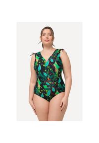 ULLA POPKEN - Damski Strój kąpielowy liście marszczone ramiona miękkie miseczki. Kolekcja: plus size. Kolor: czarny. Materiał: elastan, poliamid, materiał