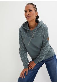 bonprix - Bluza z kapturem i zamkiem, z czystej bawełny. Typ kołnierza: kaptur. Kolor: zielony. Materiał: bawełna. Wzór: nadruk #1