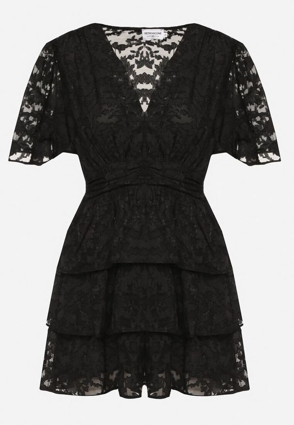 Born2be - Czarna Rozkloszowana Sukienka z Trójkątnym Dekoltem z Gumką w Pasie i Falbankami Crapia. Okazja: na spacer. Typ kołnierza: kołnierz z falbankami. Kolor: czarny. Długość rękawa: krótki rękaw. Styl: wizytowy