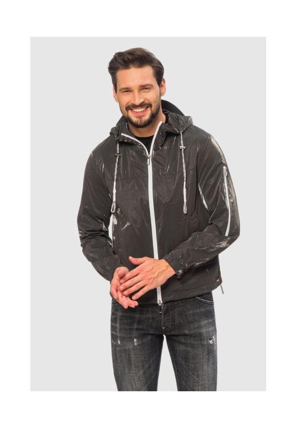 Emporio Armani - EMPORIO ARMANI Szara męska kurtka z tkaniny technicznej extra shiny glass, Rozmiar 54. Kolor: szary. Materiał: tkanina