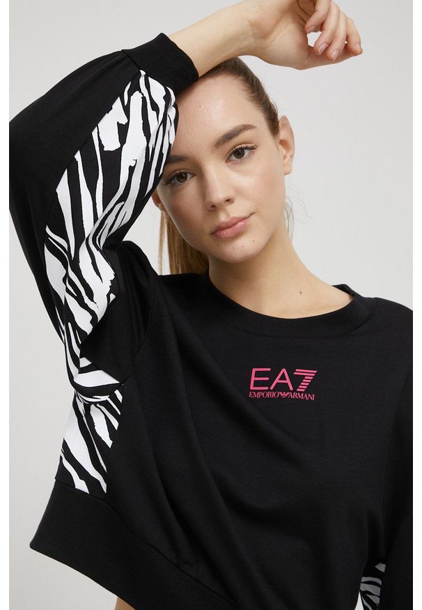 EA7 Emporio Armani bluza damska kolor czarny z nadrukiem. Kolor: czarny. Materiał: włókno, dzianina. Wzór: nadruk