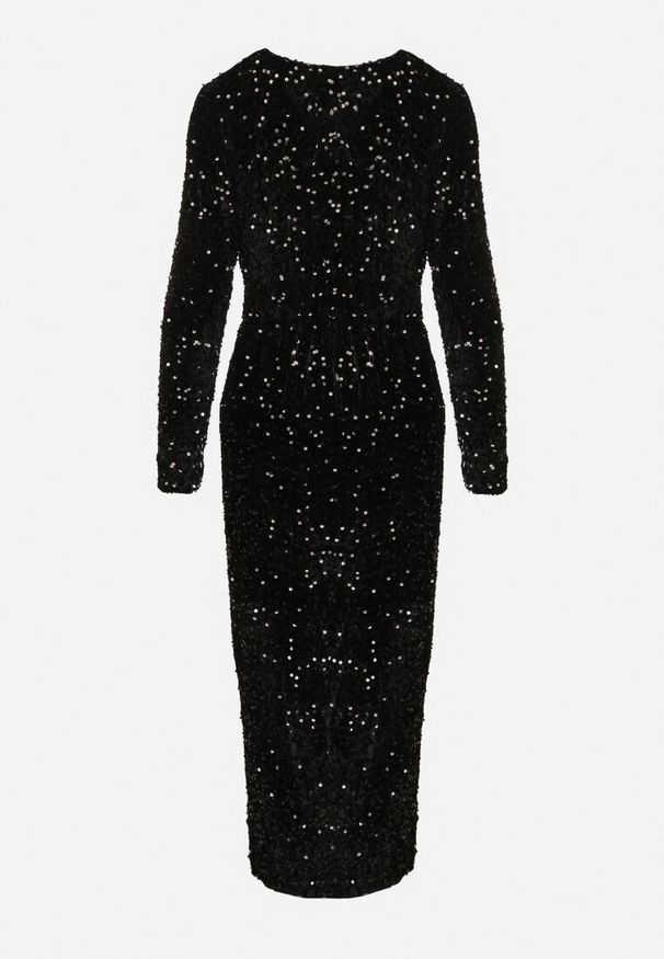 Born2be - Czarna Dopasowana Cekinowa Sukienka z Kopertowym Dekoltem i Asymetrycznym Wycięciem Rinnalith. Okazja: na imprezę. Kolor: czarny. Typ sukienki: asymetryczne, kopertowe. Styl: klasyczny, elegancki