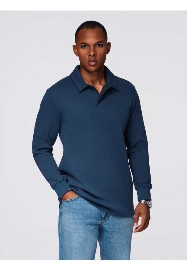 Ombre Clothing - Bluza męska z kołnierzykiem polo ze strukturalnej dzianiny - ciemnoniebieska V5 - Rozmiar: XL. Typ kołnierza: polo. Kolor: niebieski. Materiał: dzianina
