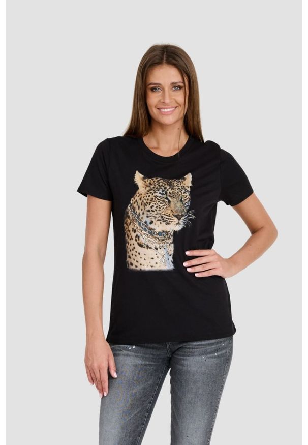 Guess - GUESS Czarny damski T-shirt Leopard Jewel Easy Tee, Rozmiar S. Kolor: czarny